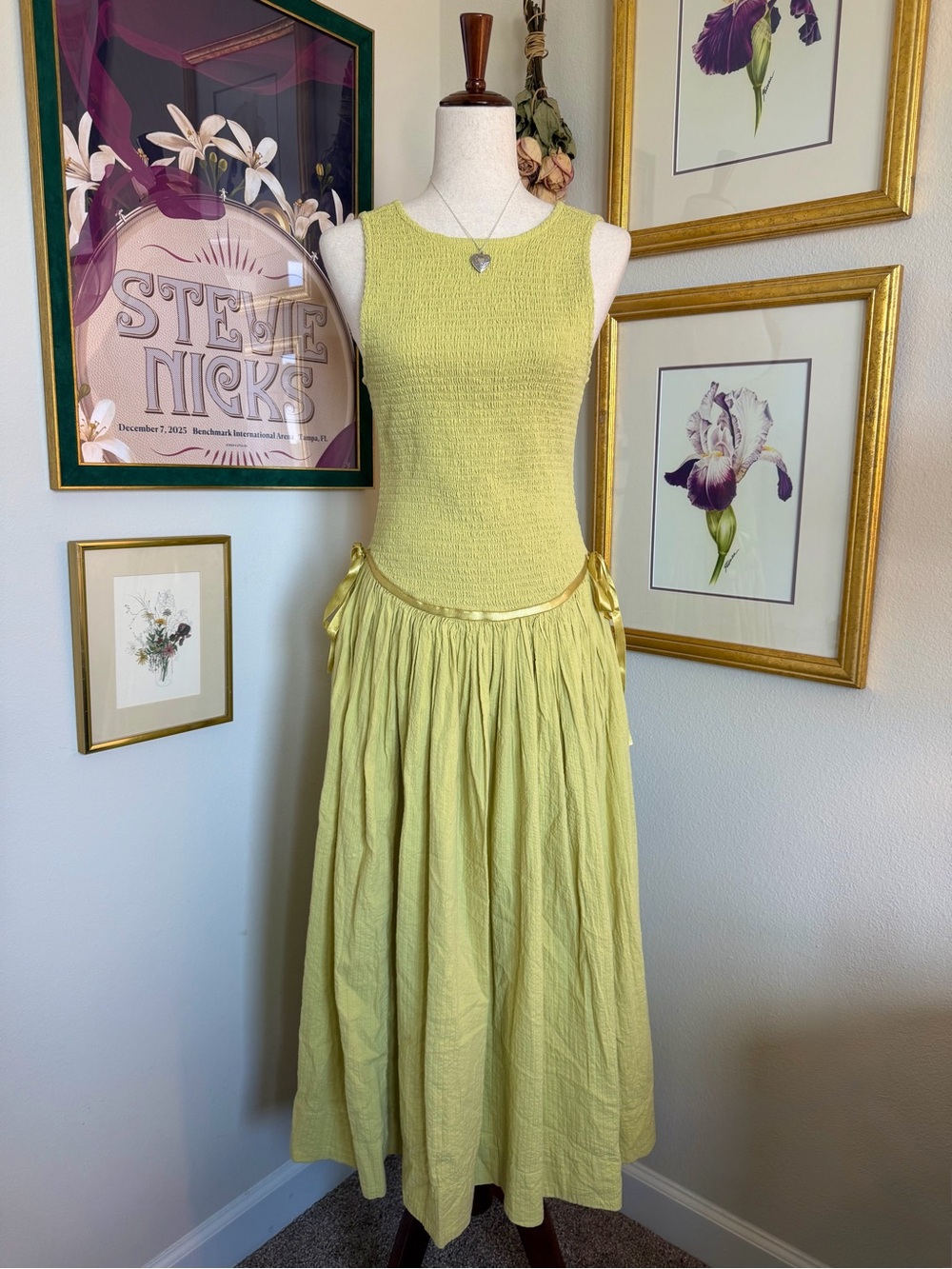 Free People Chartreuse Drop Waist Nightingale Maxi Dress Size Medium NWT